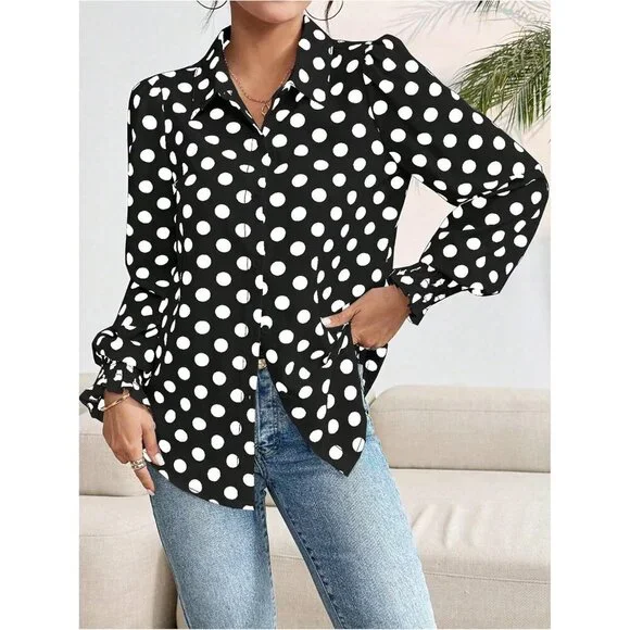 Women's Polka Dots Button Down Shirt Ruffle Bishop Long Sleeve Top - Picture 3 of 5